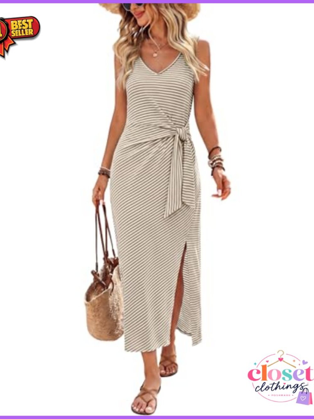 V Neck Sleeveless Wrap Midi Dress with Tie Waist and Side Slit